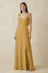 Ruffled Sleeve A - Line Chiffon Bridesmaid Dress in Marigold - KISS BRIDAL Bridesmaid Dresses