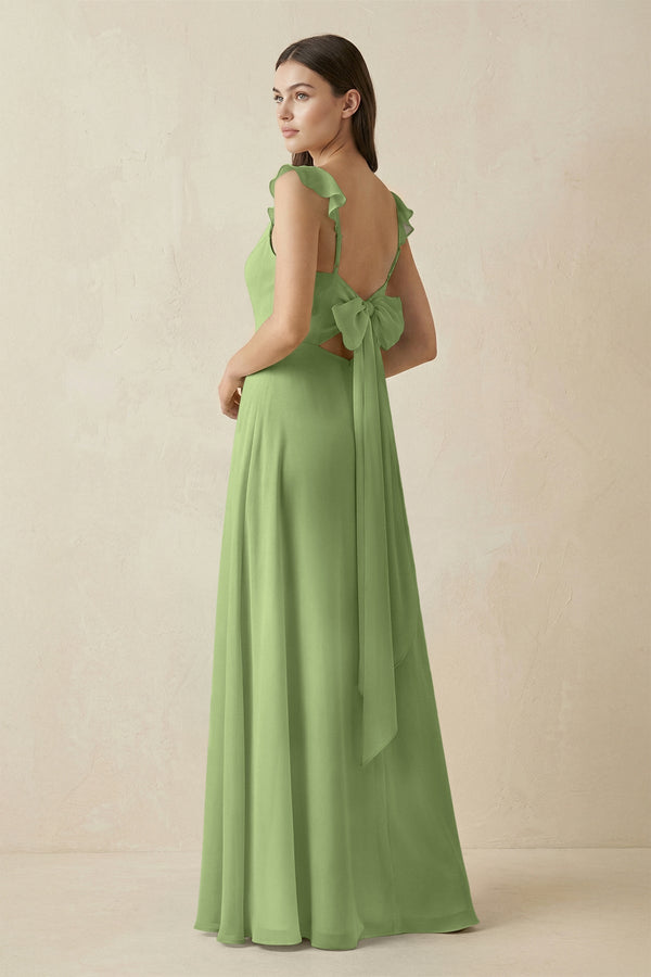 Ruffled Sleeve A - Line Chiffon Bridesmaid Dress in Matcha - SHE IS ME Bridesmaid Dresses