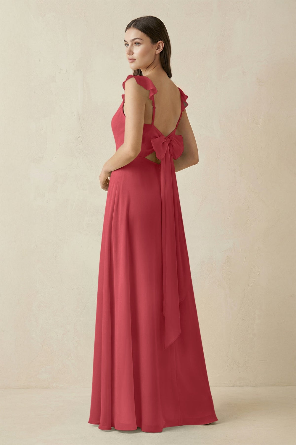 Ruffled Sleeve A - Line Chiffon Bridesmaid Dress in Merlot - KISS BRIDAL Bridesmaid Dresses