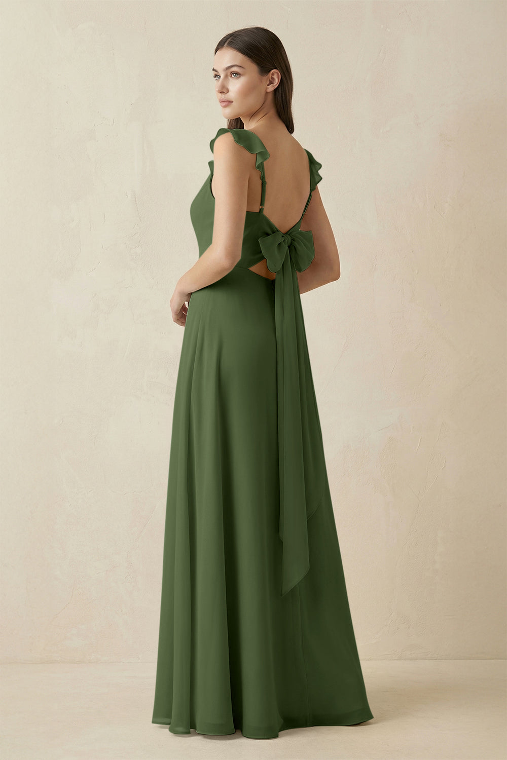 Ruffled Sleeve A-Line Chiffon Bridesmaid Dress in Moss