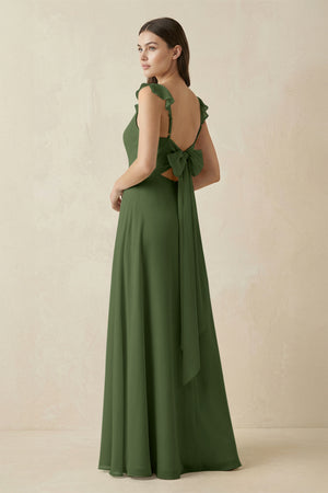 Ruffled Sleeve A-Line Chiffon Bridesmaid Dress in Moss (2) | KISSBRIDAL