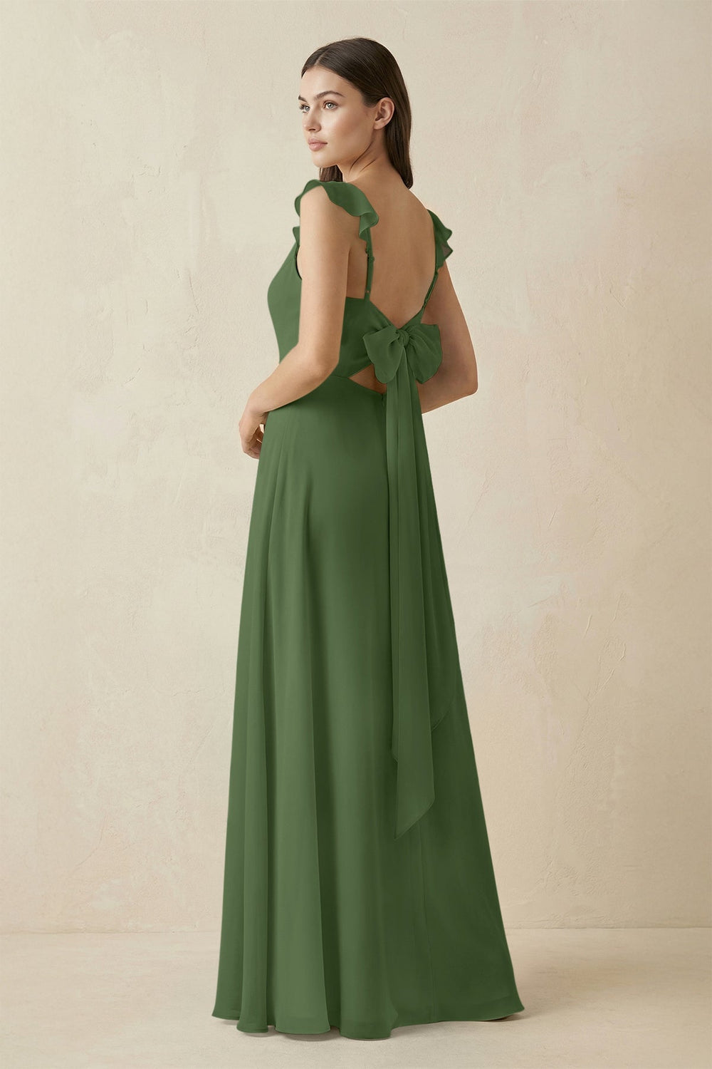 Ruffled Sleeve A - Line Chiffon Bridesmaid Dress in Moss - KISS BRIDAL Bridesmaid Dresses
