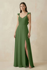 Ruffled Sleeve A - Line Chiffon Bridesmaid Dress in Moss - KISS BRIDAL Bridesmaid Dresses