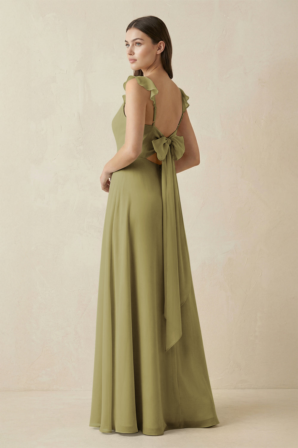 Ruffled Sleeve A-Line Chiffon Bridesmaid Dress in Moss Green