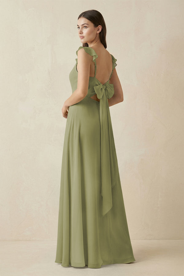 Ruffled Sleeve A - Line Chiffon Bridesmaid Dress in Moss Green - SHE IS ME Bridesmaid Dresses