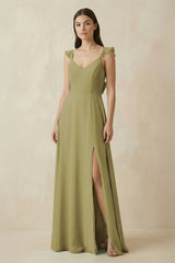 Ruffled Sleeve A-Line Chiffon Bridesmaid Dress in Moss Green | KISSBRIDAL