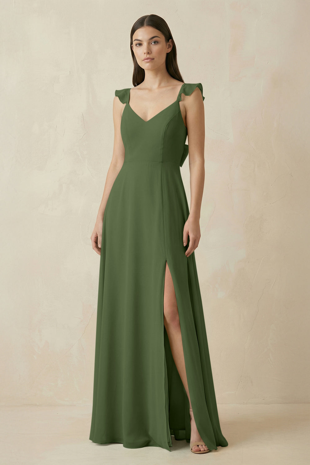 Ruffled Sleeve A-Line Chiffon Bridesmaid Dress in Moss