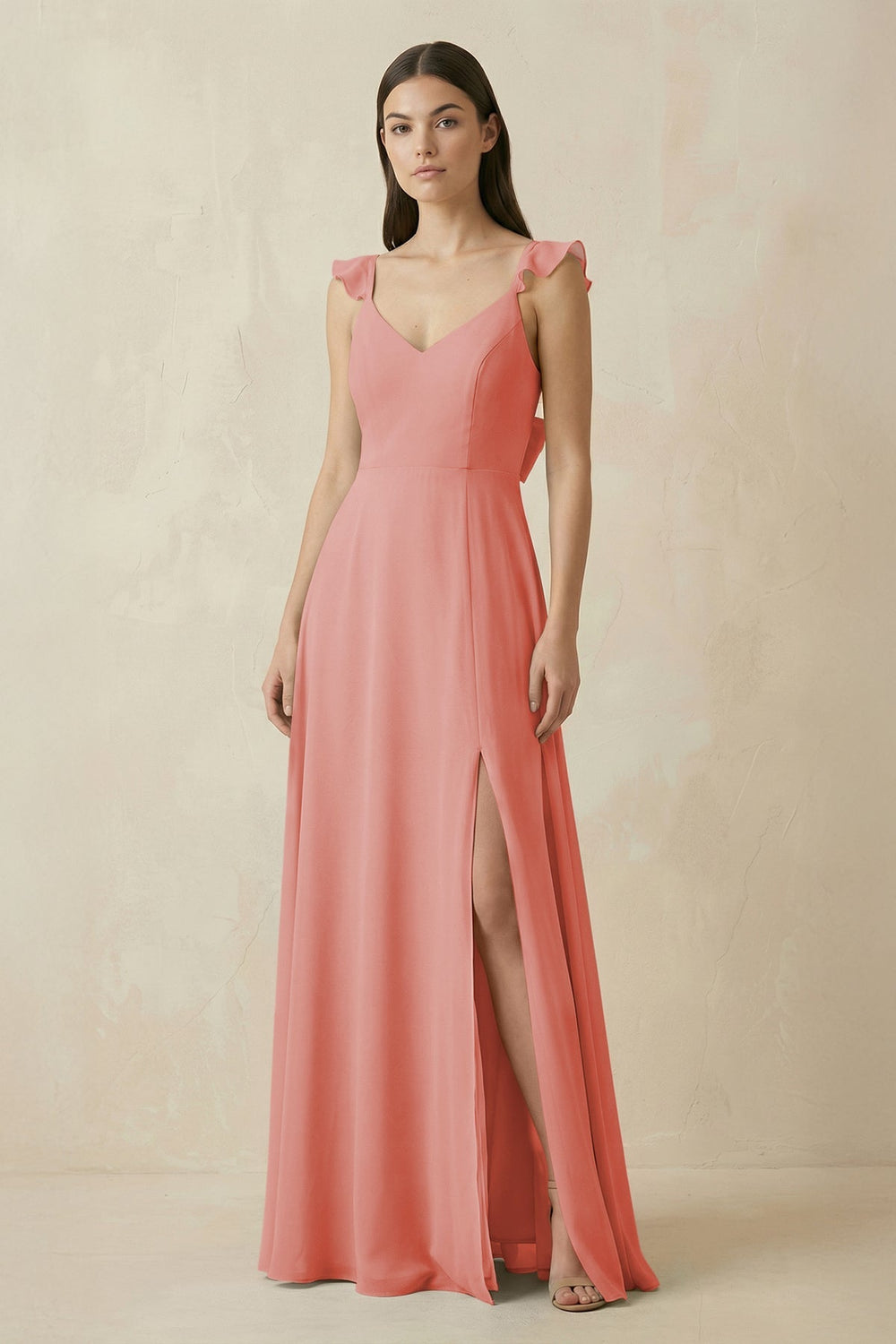 Ruffled Sleeve A - Line Chiffon Bridesmaid Dress in Mulberry - KISS BRIDAL Bridesmaid Dresses