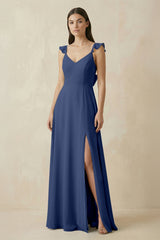 Ruffled Sleeve A - Line Chiffon Bridesmaid Dress in Navy - KISS BRIDAL Bridesmaid Dresses