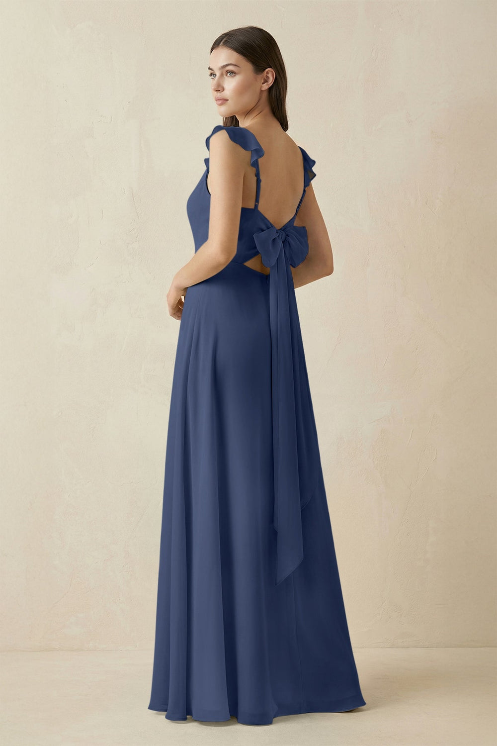 Ruffled Sleeve A - Line Chiffon Bridesmaid Dress in Navy - KISS BRIDAL Bridesmaid Dresses