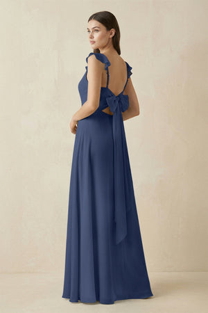 Ruffled Sleeve A - Line Chiffon Bridesmaid Dress in Navy - KISS BRIDAL Bridesmaid Dresses