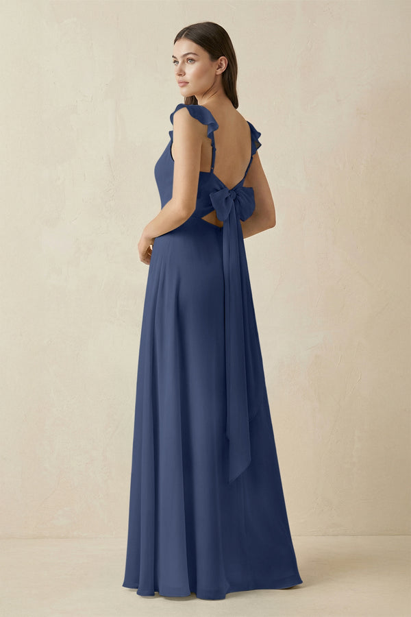 Ruffled Sleeve A - Line Chiffon Bridesmaid Dress in Navy - KISS BRIDAL Bridesmaid Dresses