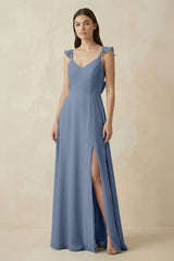 Ruffled Sleeve A - Line Chiffon Bridesmaid Dress in Neptune - KISS BRIDAL Bridesmaid Dresses