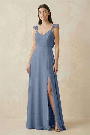 Ruffled Sleeve A - Line Chiffon Bridesmaid Dress in Neptune - KISS BRIDAL Bridesmaid Dresses