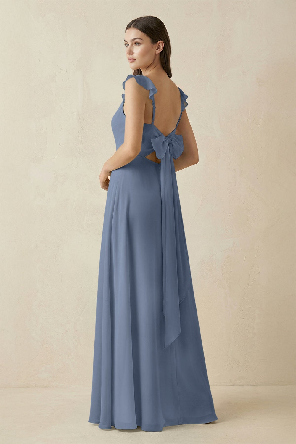 Ruffled Sleeve A - Line Chiffon Bridesmaid Dress in Neptune - KISS BRIDAL Bridesmaid Dresses