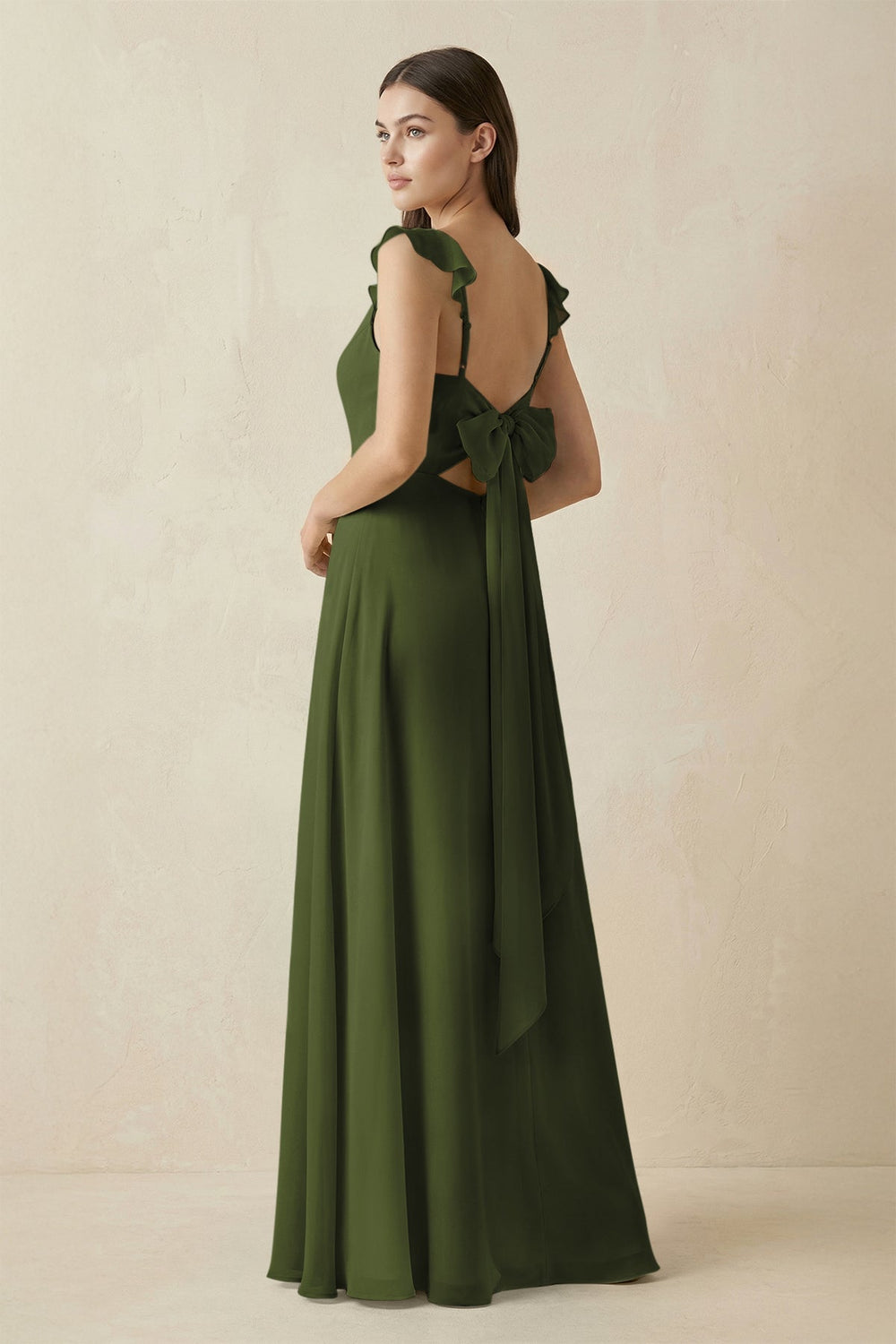 Ruffled Sleeve A - Line Chiffon Bridesmaid Dress in Olive - KISS BRIDAL Bridesmaid Dresses