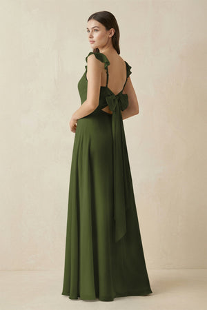 Ruffled Sleeve A - Line Chiffon Bridesmaid Dress in Olive - KISS BRIDAL Bridesmaid Dresses