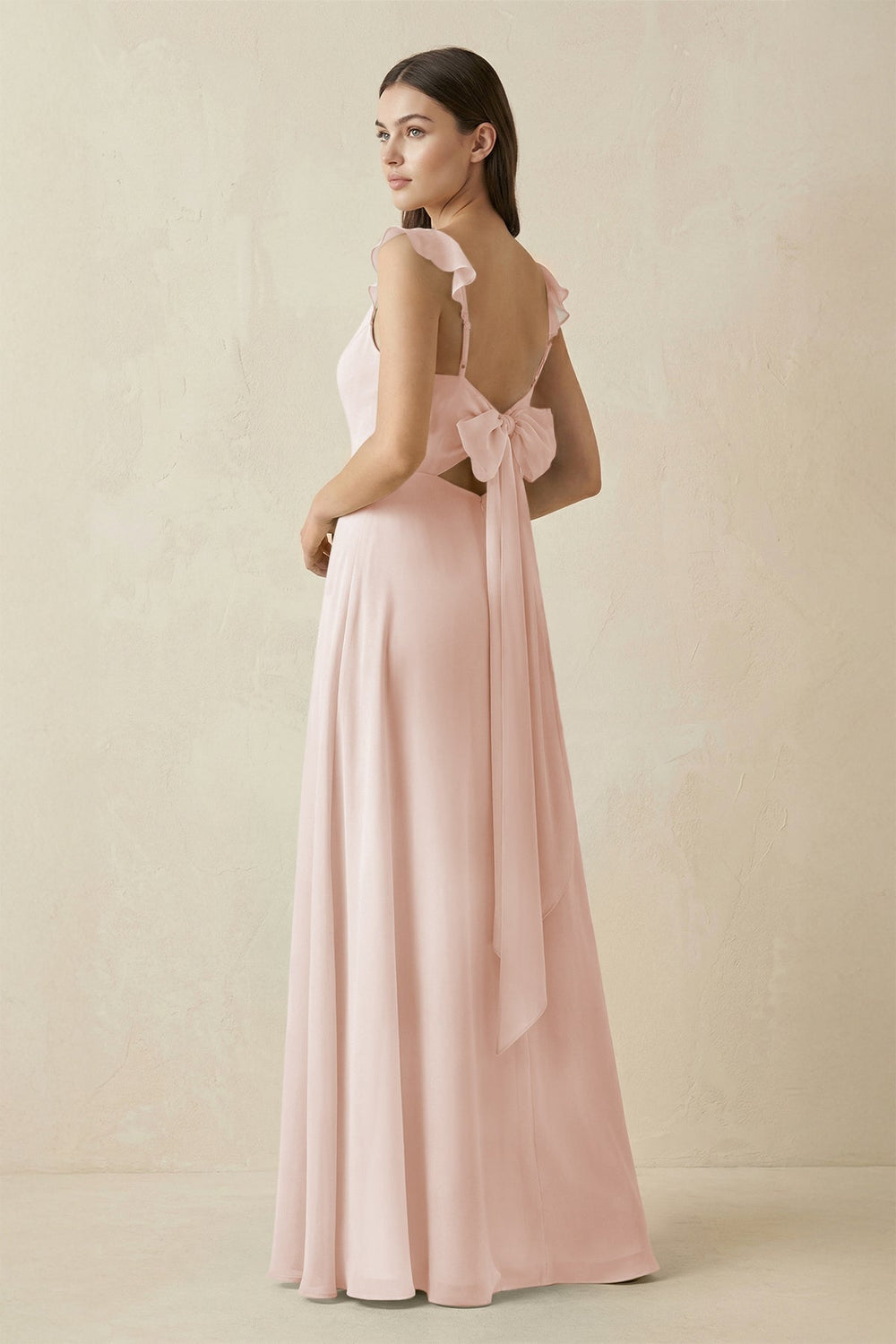 Ruffled Sleeve A - Line Chiffon Bridesmaid Dress in Pale Blush - KISS BRIDAL Bridesmaid Dresses