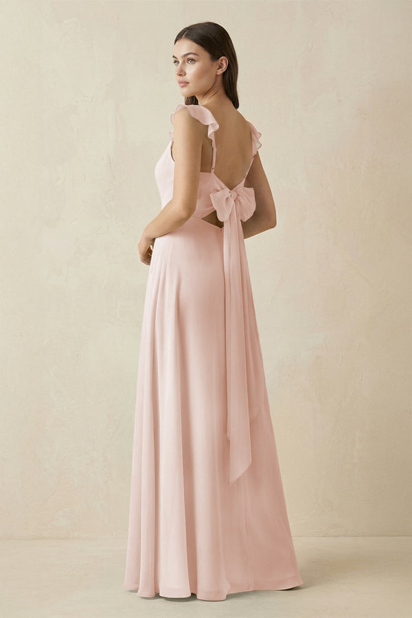 Ruffled Sleeve A - Line Chiffon Bridesmaid Dress in Pale Blush - KISS BRIDAL Bridesmaid Dresses