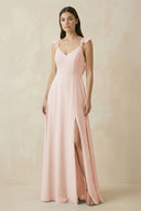 Ruffled Sleeve A - Line Chiffon Bridesmaid Dress in Pale Blush - KISS BRIDAL Bridesmaid Dresses