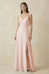 Ruffled Sleeve A - Line Chiffon Bridesmaid Dress in Pale Blush - KISS BRIDAL Bridesmaid Dresses