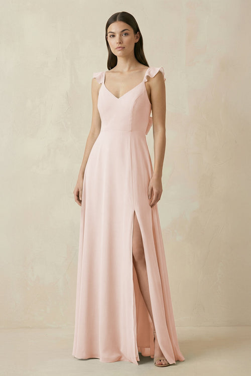 Ruffled Sleeve A - Line Chiffon Bridesmaid Dress in Pale Blush - KISS BRIDAL Bridesmaid Dresses