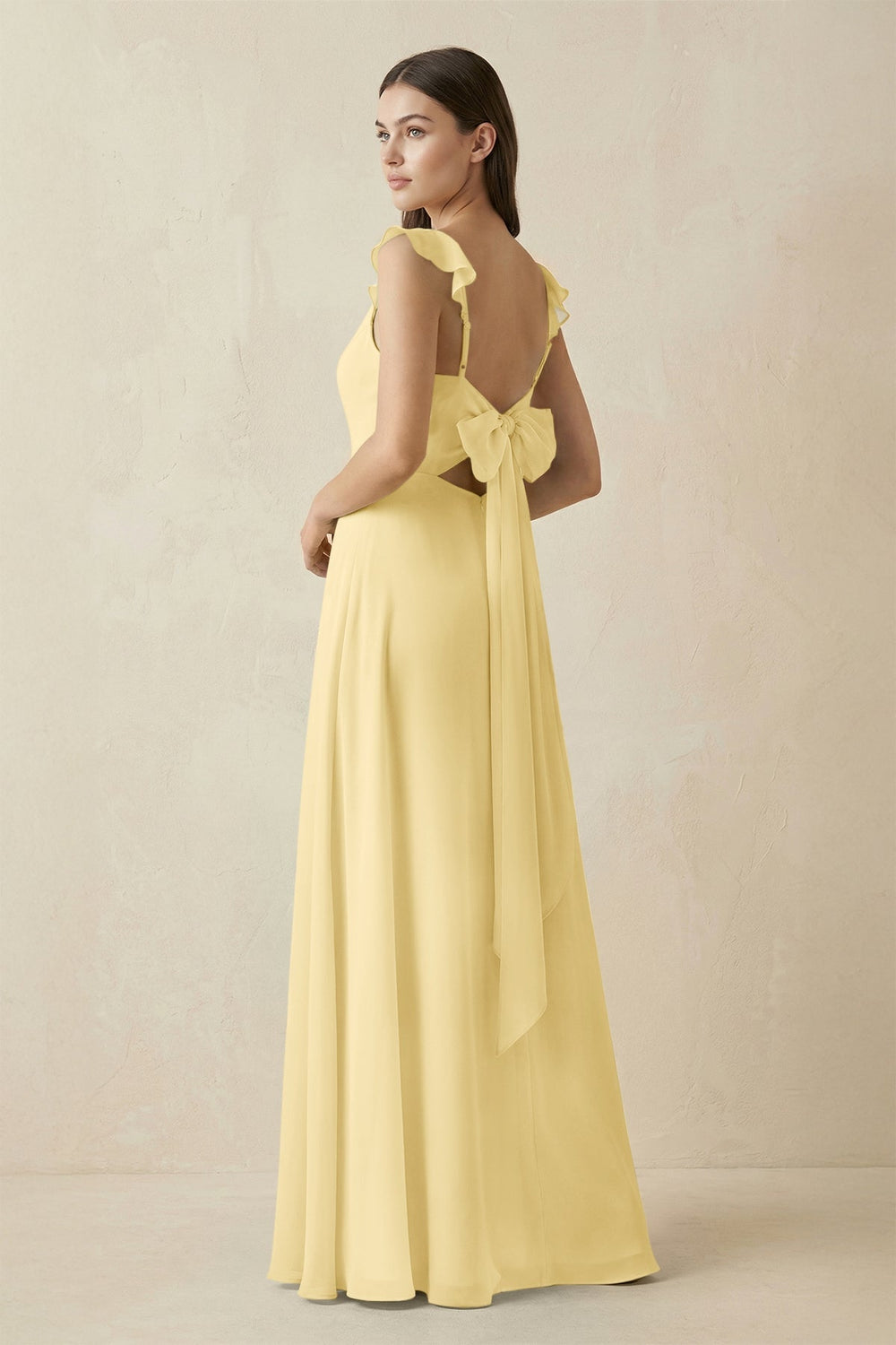 Ruffled Sleeve A - Line Chiffon Bridesmaid Dress in Pastel Yellow - KISS BRIDAL Bridesmaid Dresses