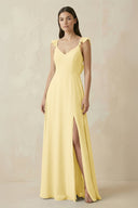 Ruffled Sleeve A - Line Chiffon Bridesmaid Dress in Pastel Yellow - KISS BRIDAL Bridesmaid Dresses