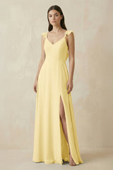 Ruffled Sleeve A - Line Chiffon Bridesmaid Dress in Pastel Yellow - KISS BRIDAL Bridesmaid Dresses