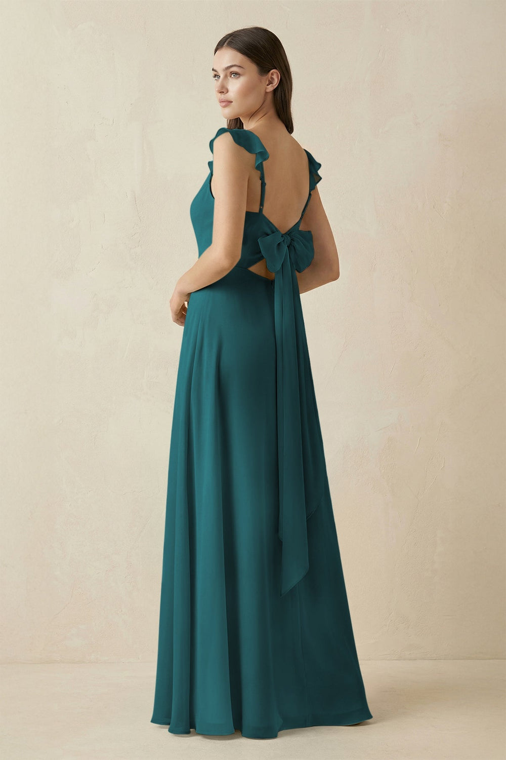 Ruffled Sleeve A - Line Chiffon Bridesmaid Dress in Pine - KISS BRIDAL Bridesmaid Dresses