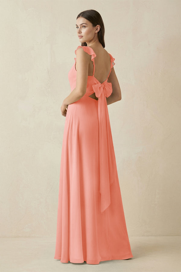 Ruffled Sleeve A - Line Chiffon Bridesmaid Dress in Rosette - KISS BRIDAL Bridesmaid Dresses