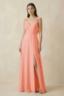 Ruffled Sleeve A - Line Chiffon Bridesmaid Dress in Rosette - KISS BRIDAL Bridesmaid Dresses