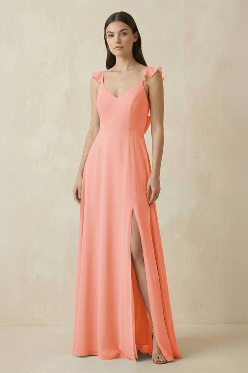 Ruffled Sleeve A - Line Chiffon Bridesmaid Dress in Rosette - KISS BRIDAL Bridesmaid Dresses
