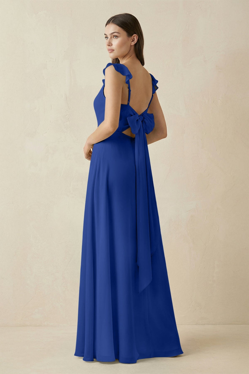 Ruffled Sleeve A - Line Chiffon Bridesmaid Dress in Royal Blue - KISS BRIDAL Bridesmaid Dresses