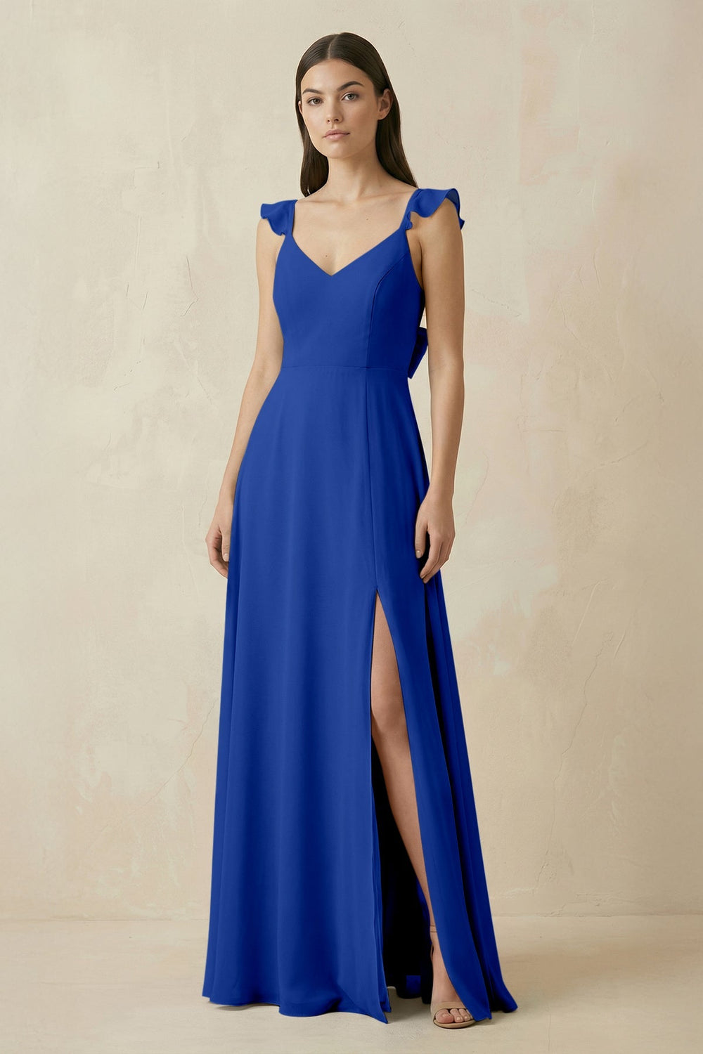 Ruffled Sleeve A - Line Chiffon Bridesmaid Dress in Royal Blue - KISS BRIDAL Bridesmaid Dresses