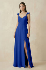 Ruffled Sleeve A - Line Chiffon Bridesmaid Dress in Royal Blue - KISS BRIDAL Bridesmaid Dresses