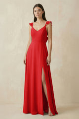 Ruffled Sleeve A - Line Chiffon Bridesmaid Dress in Ruby Red - KISS BRIDAL Bridesmaid Dresses
