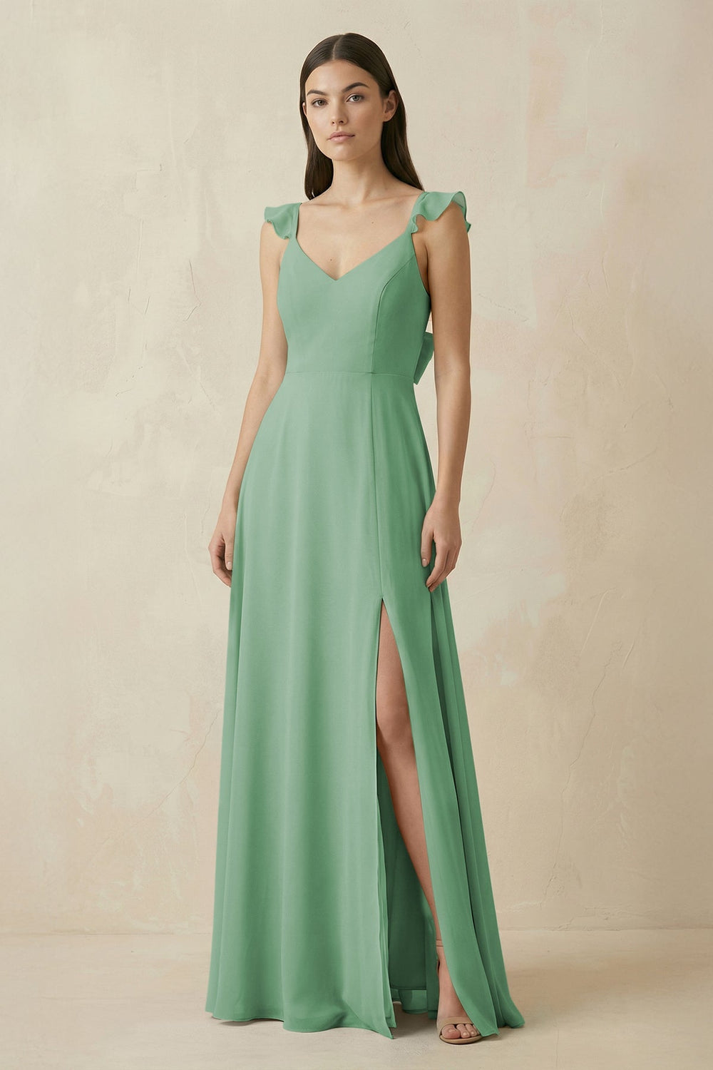 Ruffled Sleeve A - Line Chiffon Bridesmaid Dress in Sea Glass - SHE IS ME Bridesmaid Dresses