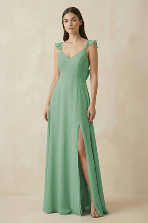 Ruffled Sleeve A - Line Chiffon Bridesmaid Dress in Sea Glass - SHE IS ME Bridesmaid Dresses