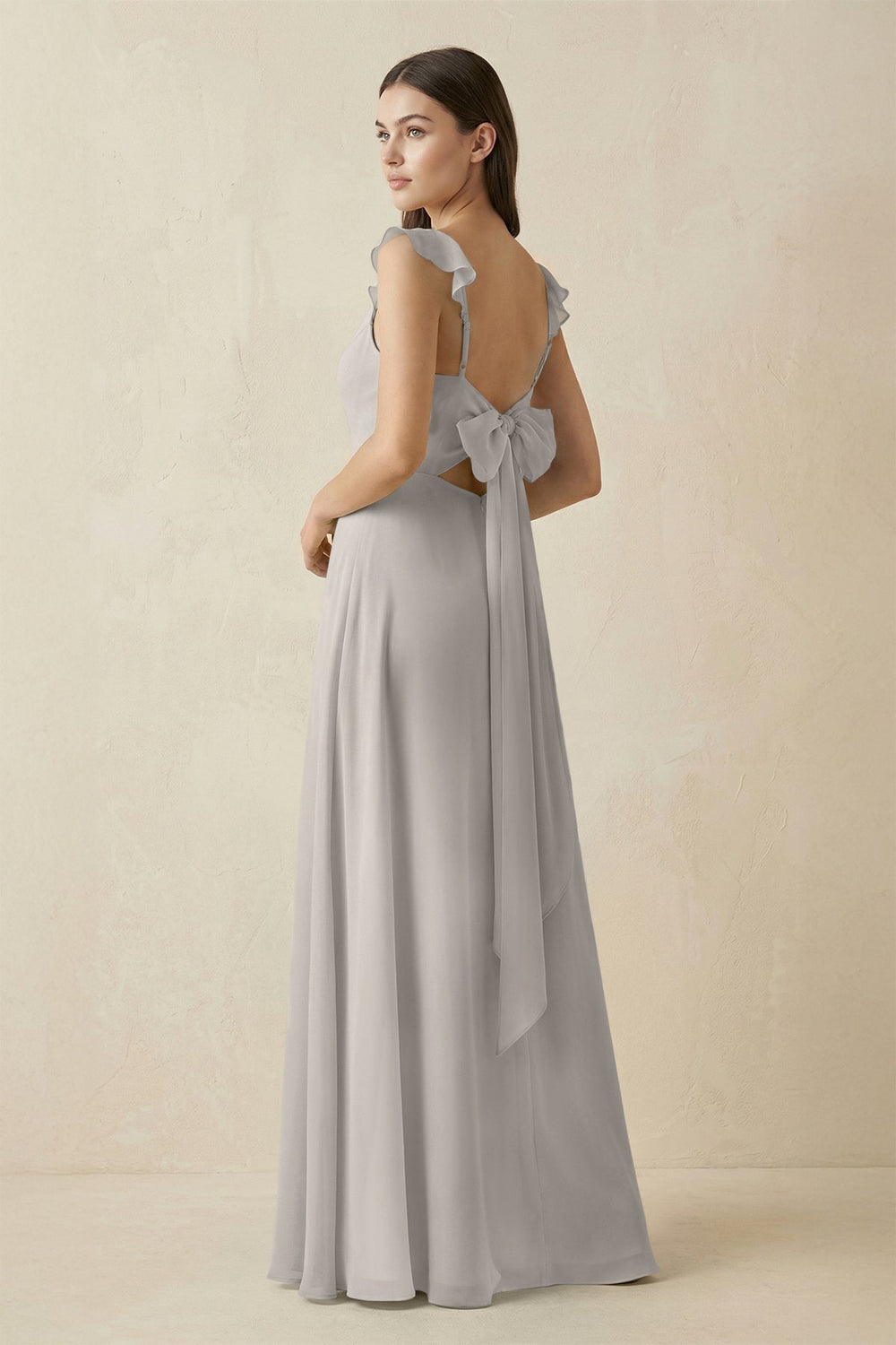 Ruffled Sleeve A - Line Chiffon Bridesmaid Dress in Silver - KISS BRIDAL Bridesmaid Dresses