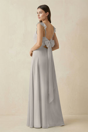 Ruffled Sleeve A - Line Chiffon Bridesmaid Dress in Silver - KISS BRIDAL Bridesmaid Dresses