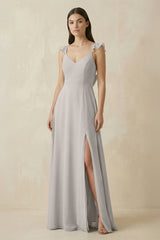 Ruffled Sleeve A - Line Chiffon Bridesmaid Dress in Silver - KISS BRIDAL Bridesmaid Dresses