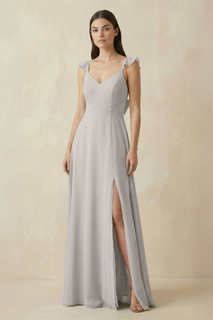 Ruffled Sleeve A - Line Chiffon Bridesmaid Dress in Silver - KISS BRIDAL Bridesmaid Dresses