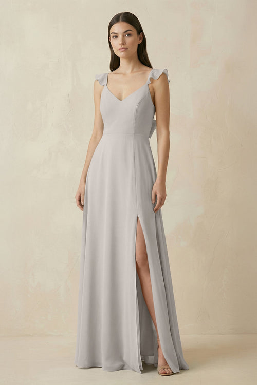 Ruffled Sleeve A - Line Chiffon Bridesmaid Dress in Silver - KISS BRIDAL Bridesmaid Dresses