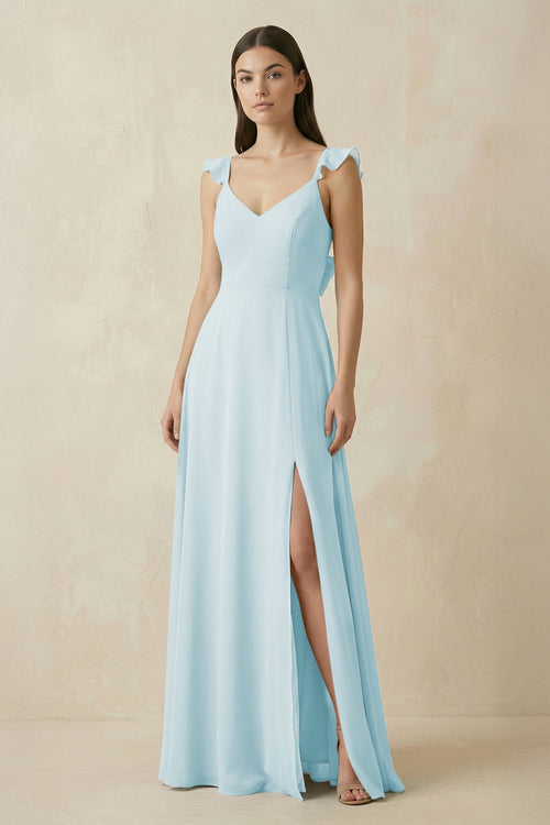 Ruffled Sleeve A - Line Chiffon Bridesmaid Dress in Sky Blue - KISS BRIDAL Bridesmaid Dresses