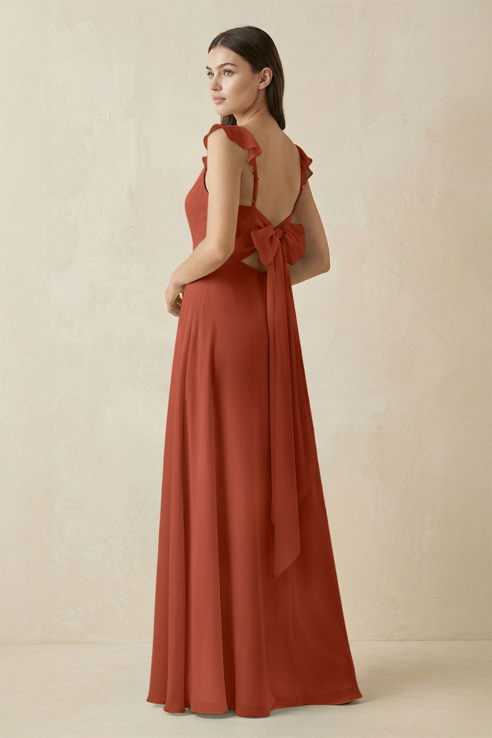 Ruffled Sleeve A - Line Chiffon Bridesmaid Dress in Spice - KISS BRIDAL Bridesmaid Dresses