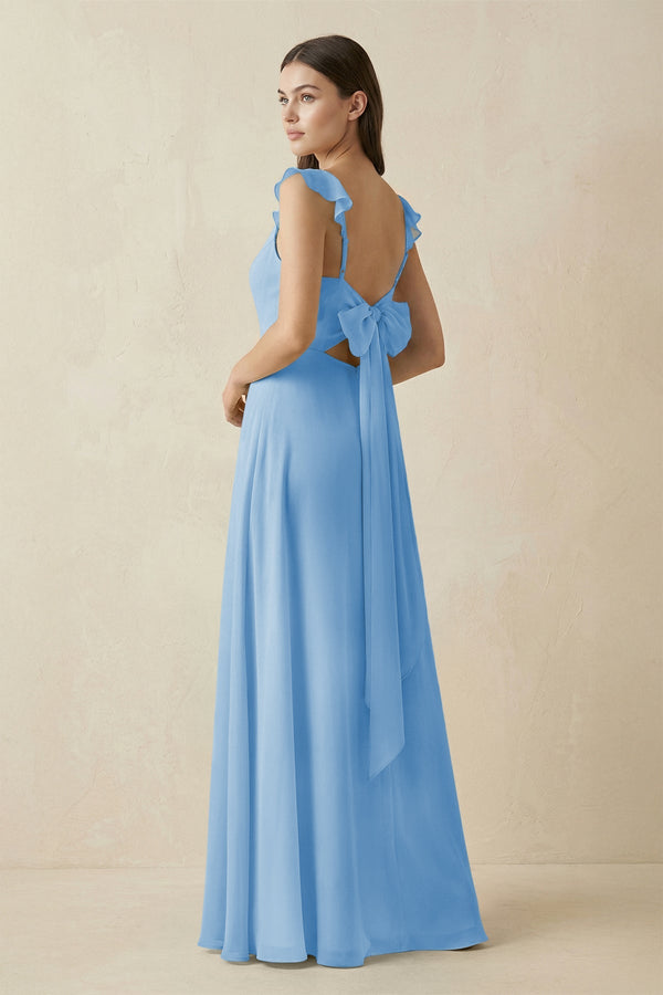 Ruffled Sleeve A - Line Chiffon Bridesmaid Dress in Steel Blue - KISS BRIDAL Bridesmaid Dresses