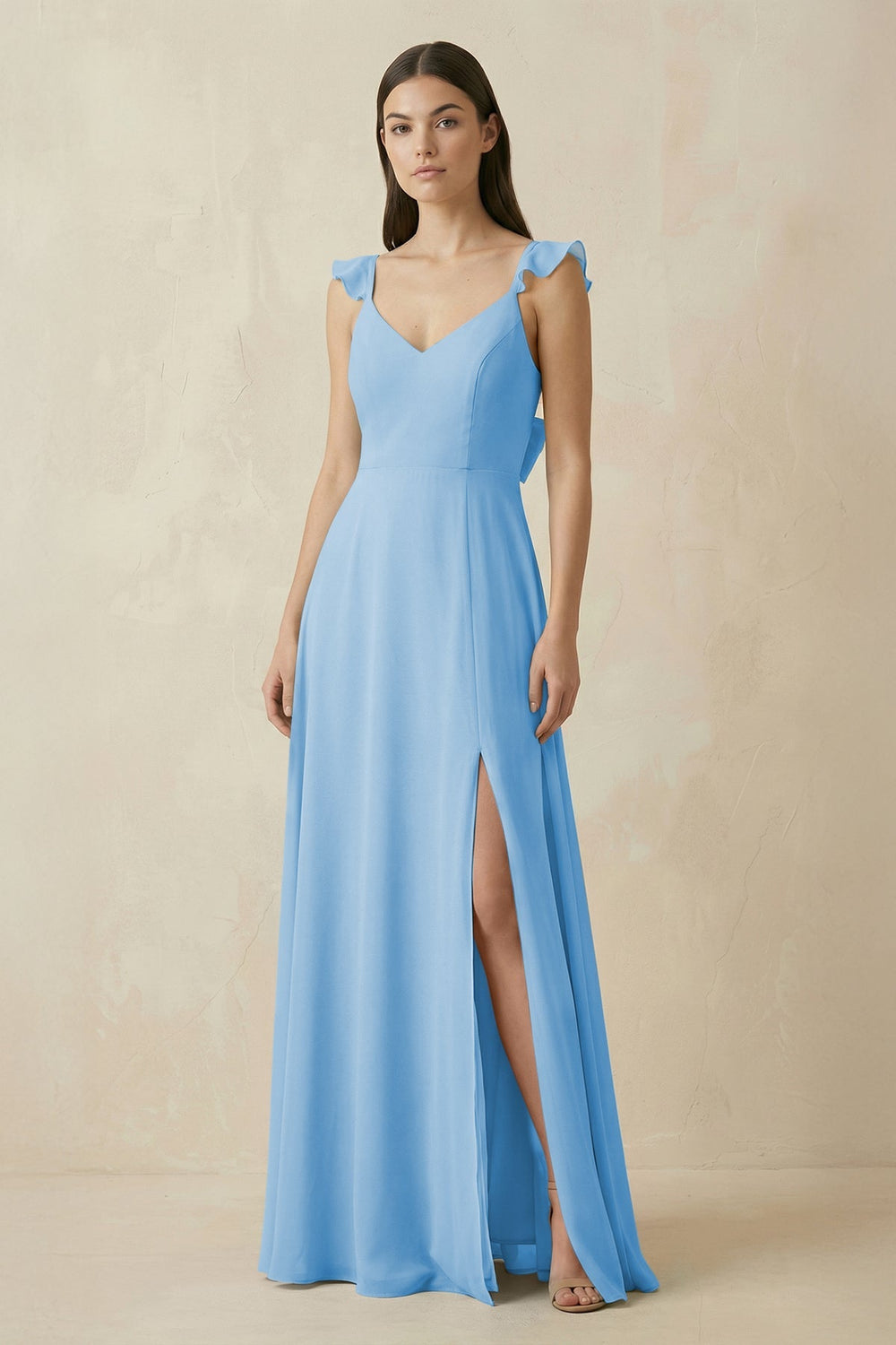 Ruffled Sleeve A - Line Chiffon Bridesmaid Dress in Steel Blue - KISS BRIDAL Bridesmaid Dresses