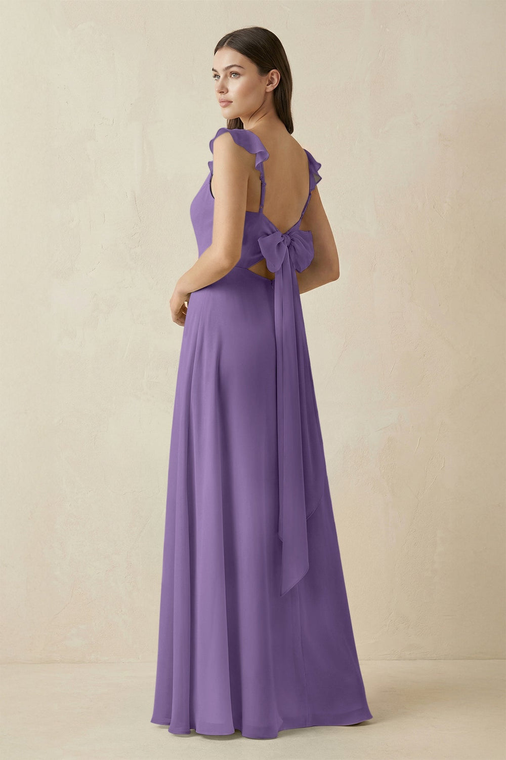 Ruffled Sleeve A - Line Chiffon Bridesmaid Dress in Tahiti - KISS BRIDAL Bridesmaid Dresses