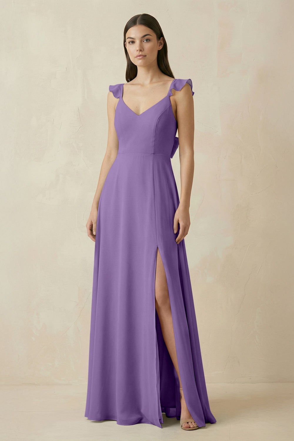 Ruffled Sleeve A - Line Chiffon Bridesmaid Dress in Tahiti - KISS BRIDAL Bridesmaid Dresses